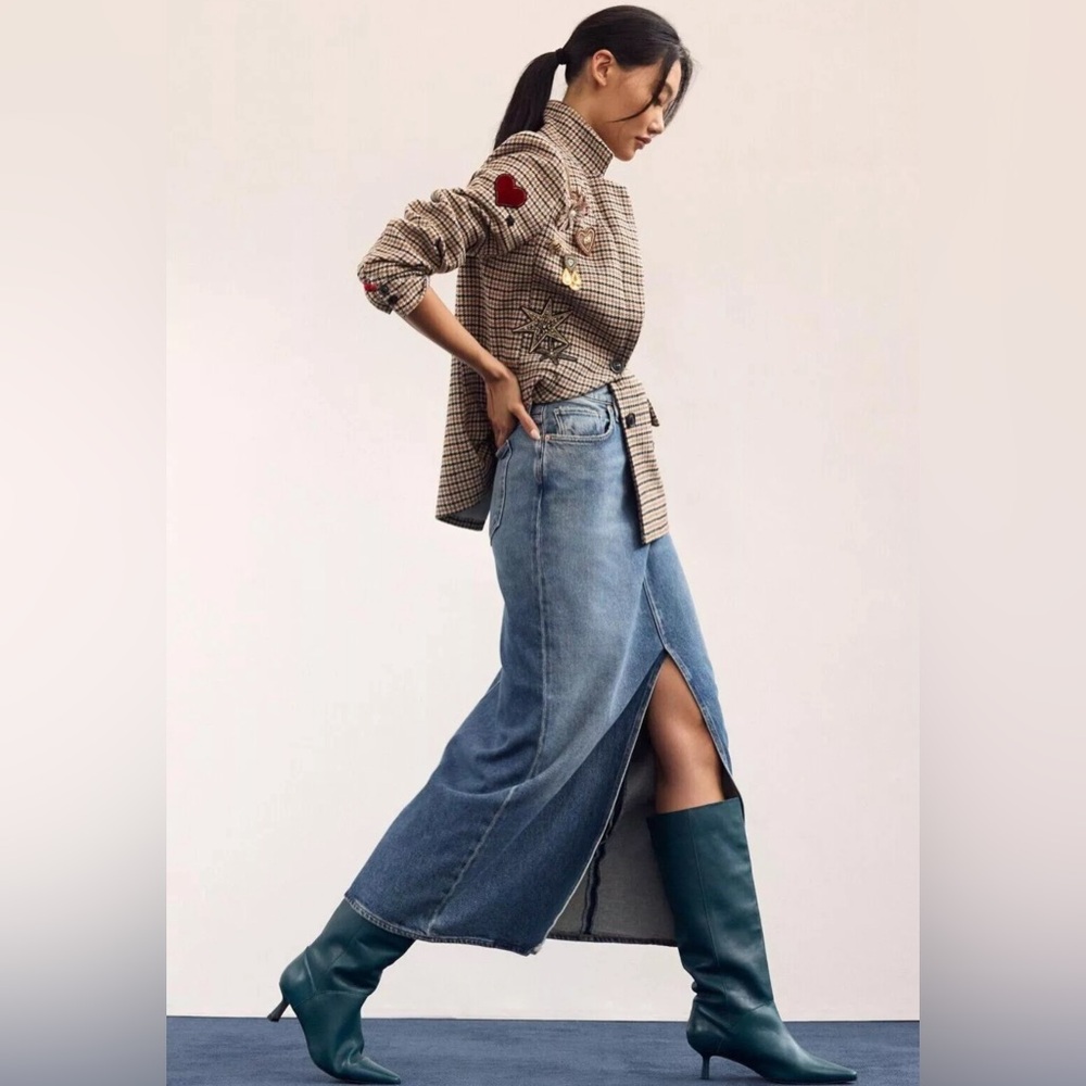 AGOLDE Anthropologie New Leif Denim Maxi Jean Skirt SwingFront Slit 27‎ USA MADE